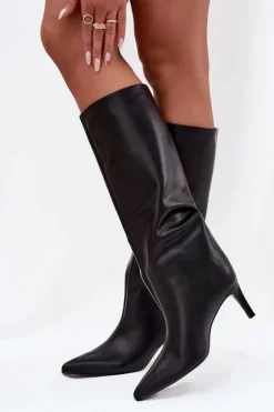 Damskie Boto Kozaki Damskie Wsuwane Ocieplane Na Szpilce Czarne Olivienne