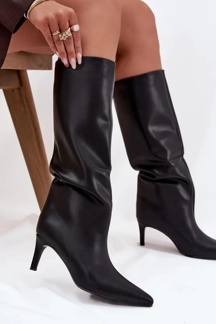 Damskie Boto Kozaki Damskie Wsuwane Ocieplane Na Szpilce Czarne Olivienne