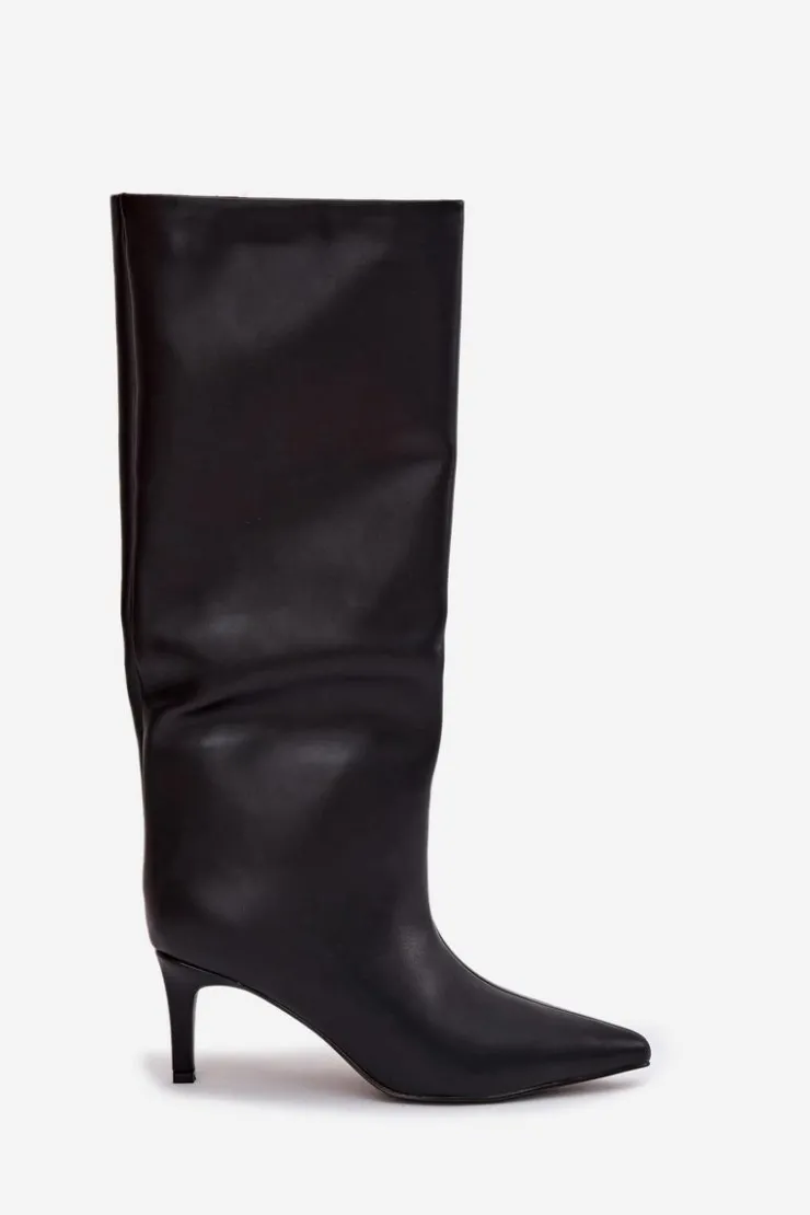 Damskie Boto Kozaki Damskie Wsuwane Ocieplane Na Szpilce Czarne Olivienne