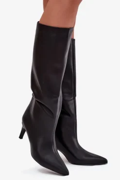 Damskie Boto Kozaki Damskie Wsuwane Ocieplane Na Szpilce Czarne Olivienne