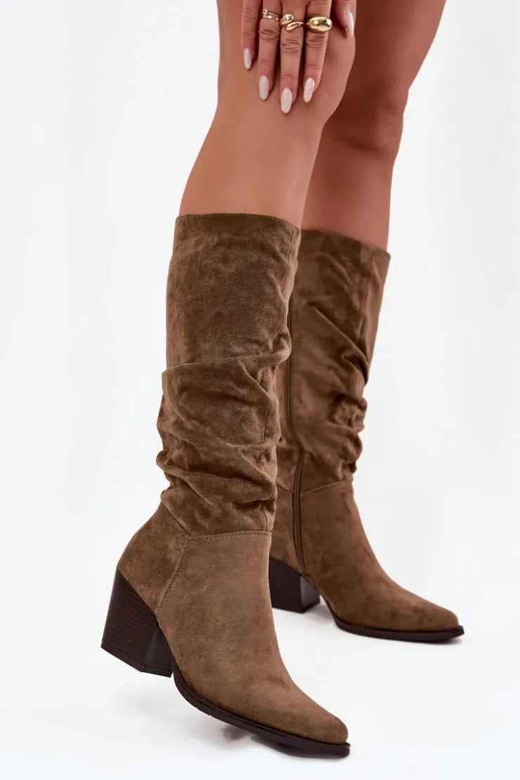 Clearance Boto Kozaki Damskie Z Marszczoną Cholewką Na Słupku Ocieplane Zielone Paelina Zielony