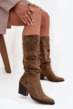 Clearance Boto Kozaki Damskie Z Marszczoną Cholewką Na Słupku Ocieplane Zielone Paelina Zielony