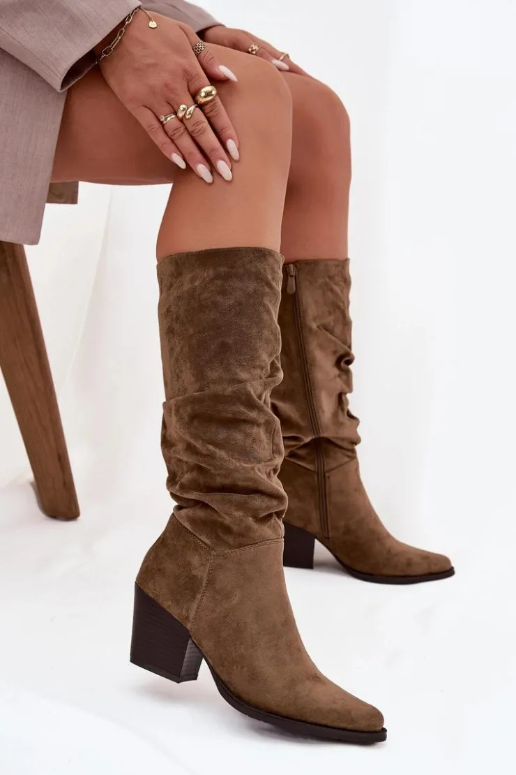 Clearance Boto Kozaki Damskie Z Marszczoną Cholewką Na Słupku Ocieplane Zielone Paelina Zielony