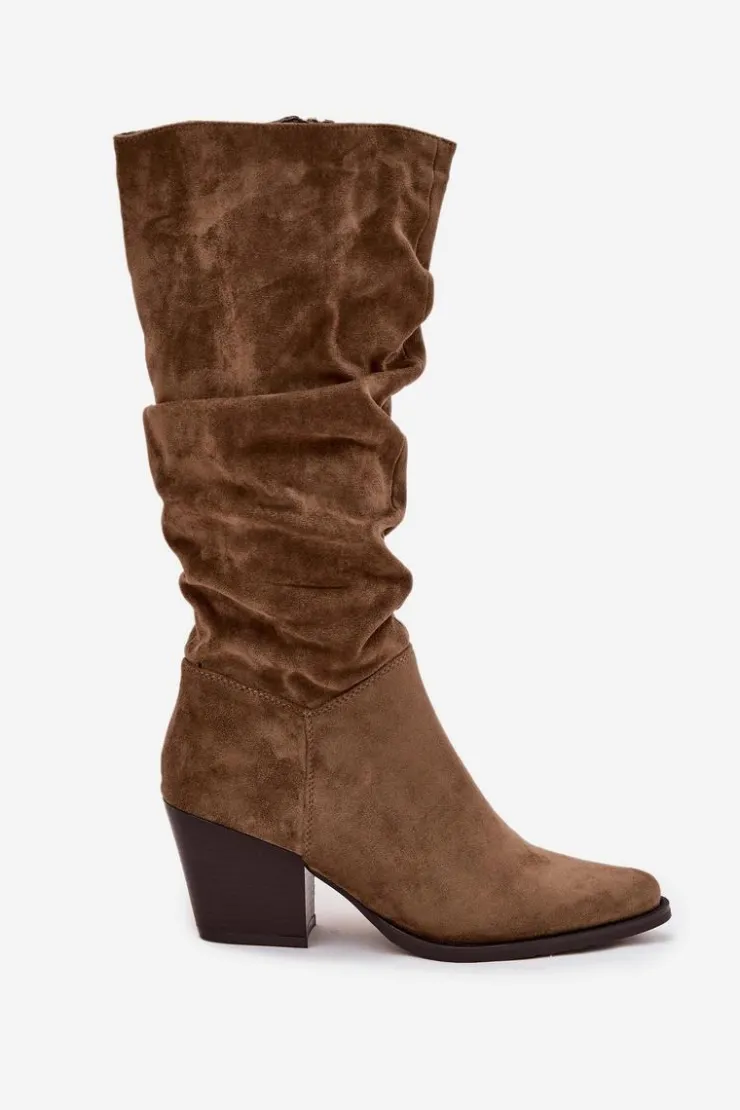 Clearance Boto Kozaki Damskie Z Marszczoną Cholewką Na Słupku Ocieplane Zielone Paelina Zielony