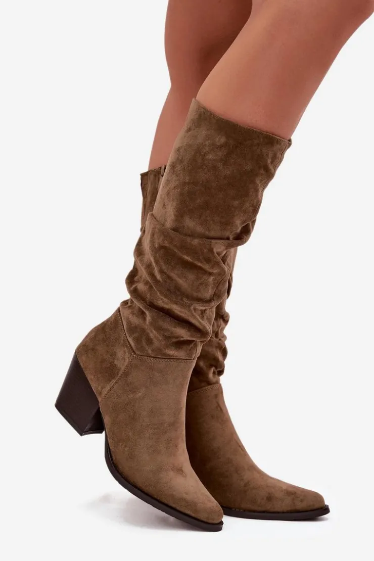 Clearance Boto Kozaki Damskie Z Marszczoną Cholewką Na Słupku Ocieplane Zielone Paelina Zielony