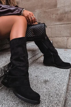 Discount Boto Kozaki Damskie Z Marszczoną Cholewką I Klamrą Czarne Ophelis