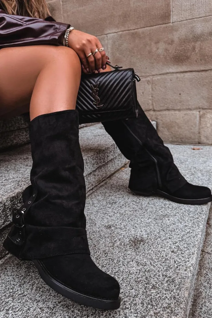 Discount Boto Kozaki Damskie Z Marszczoną Cholewką I Klamrą Czarne Ophelis