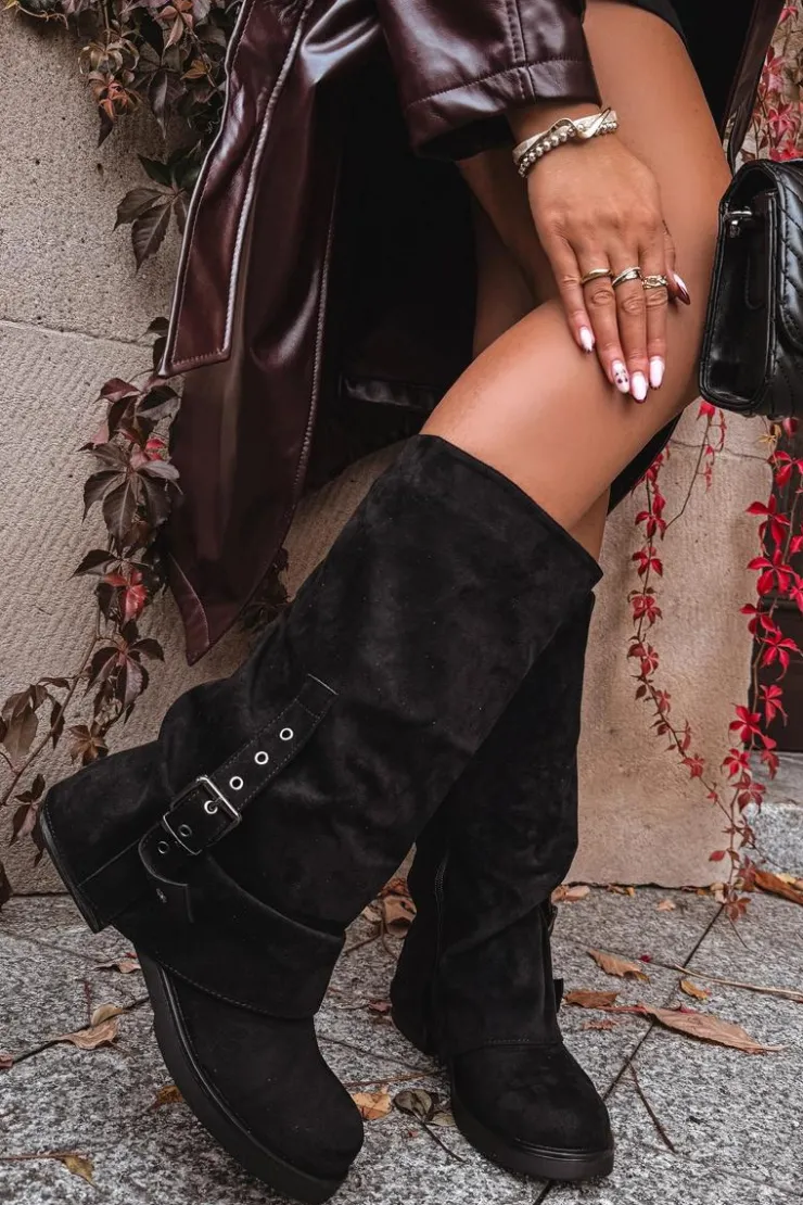 Discount Boto Kozaki Damskie Z Marszczoną Cholewką I Klamrą Czarne Ophelis