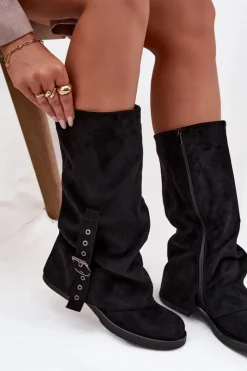 Discount Boto Kozaki Damskie Z Marszczoną Cholewką I Klamrą Czarne Ophelis