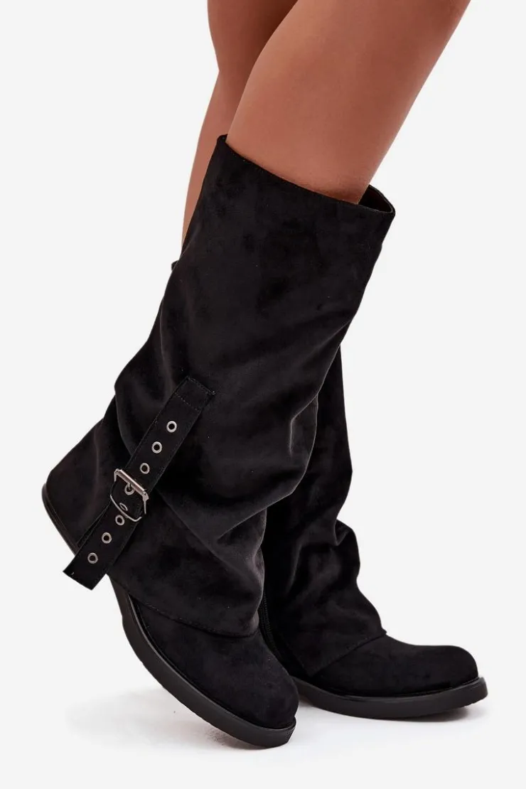 Discount Boto Kozaki Damskie Z Marszczoną Cholewką I Klamrą Czarne Ophelis