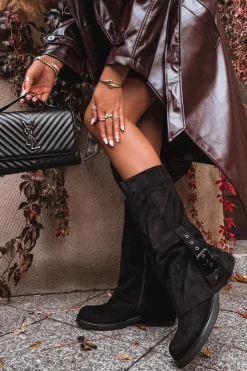 Discount Boto Kozaki Damskie Z Marszczoną Cholewką I Klamrą Czarne Ophelis