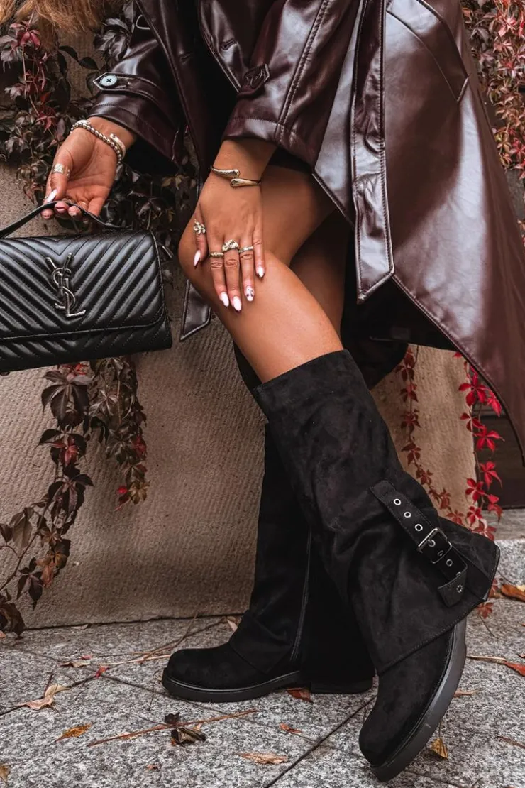 Discount Boto Kozaki Damskie Z Marszczoną Cholewką I Klamrą Czarne Ophelis