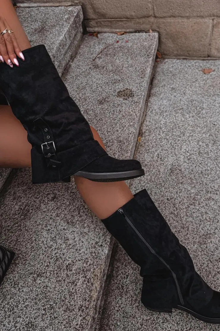 Discount Boto Kozaki Damskie Z Marszczoną Cholewką I Klamrą Czarne Ophelis