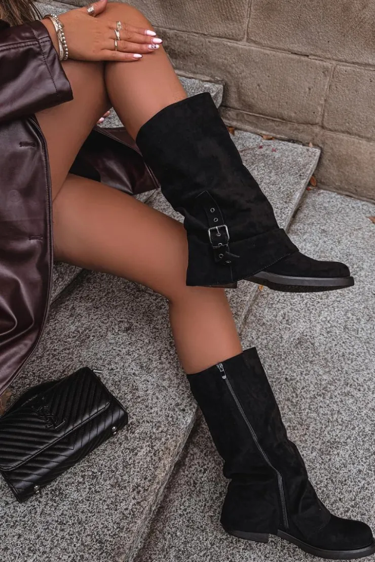 Discount Boto Kozaki Damskie Z Marszczoną Cholewką I Klamrą Czarne Ophelis