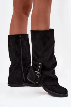 Discount Boto Kozaki Damskie Z Marszczoną Cholewką I Klamrą Czarne Ophelis