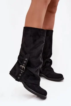 Discount Boto Kozaki Damskie Z Marszczoną Cholewką I Klamrą Czarne Ophelis