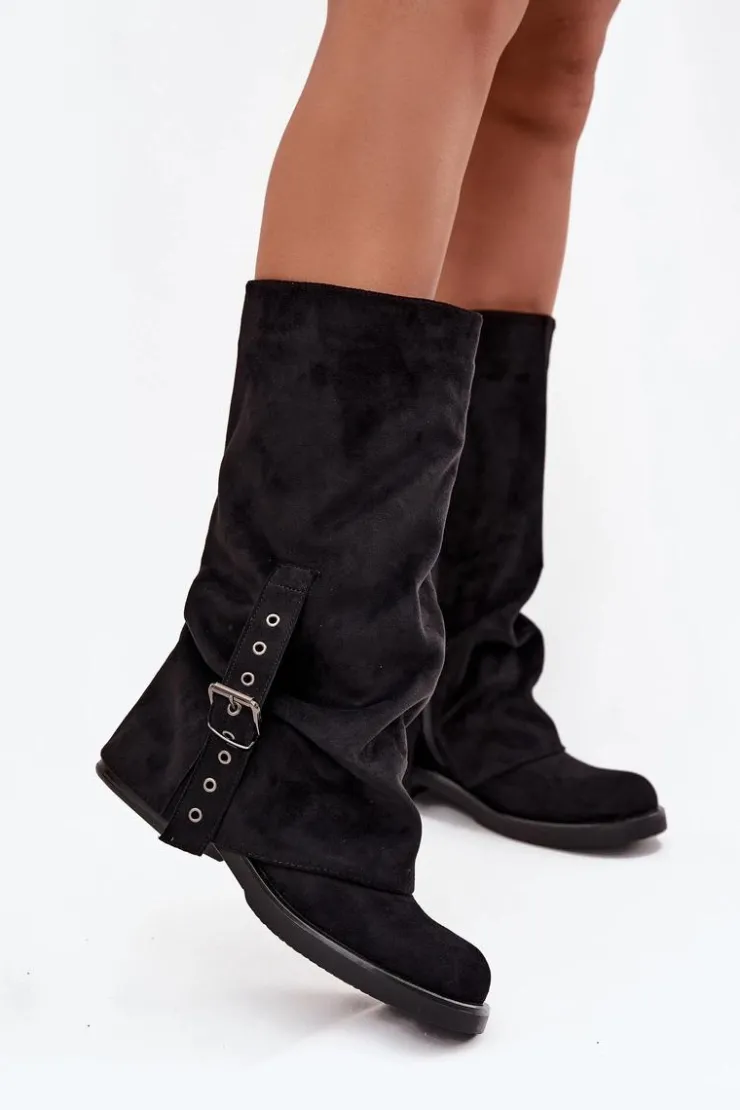 Discount Boto Kozaki Damskie Z Marszczoną Cholewką I Klamrą Czarne Ophelis