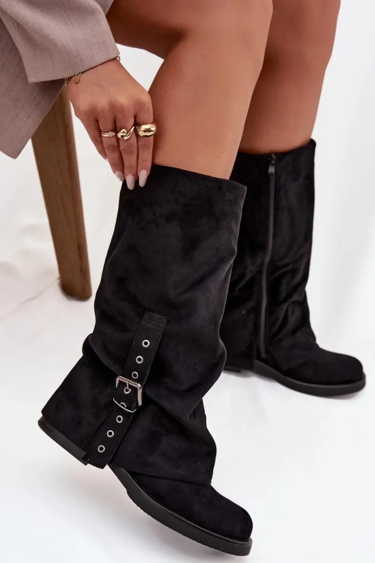 Discount Boto Kozaki Damskie Z Marszczoną Cholewką I Klamrą Czarne Ophelis