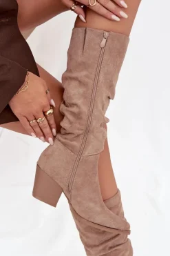 Boto Kozaki Na Słupku|Kozaki Przed Kolano*Kozaki Damskie Z Marszczoną Cholewką Na Słupku Ocieplane Beżowe Paelina Beżowy