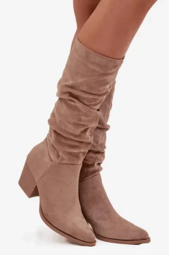 Boto Kozaki Na Słupku|Kozaki Przed Kolano*Kozaki Damskie Z Marszczoną Cholewką Na Słupku Ocieplane Beżowe Paelina Beżowy