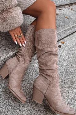 Boto Kozaki Na Słupku|Kozaki Przed Kolano*Kozaki Damskie Z Marszczoną Cholewką Na Słupku Ocieplane Beżowe Paelina Beżowy