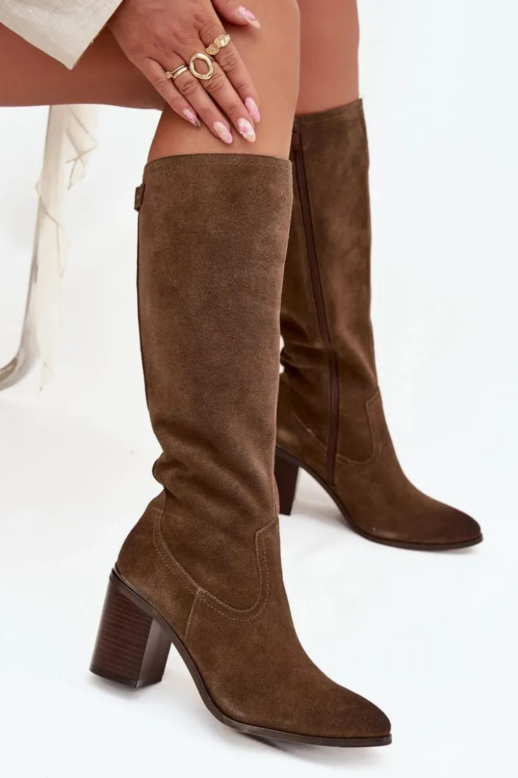 Buty Sergio Leone Kozaki Ocieplane|Kozaki Na Słupku*Kozaki Damskie Z Naturalnego Zamszu Ocieplane Obcas Słupek Sergio Leone KZ25668-S Oliwkowe Zielony