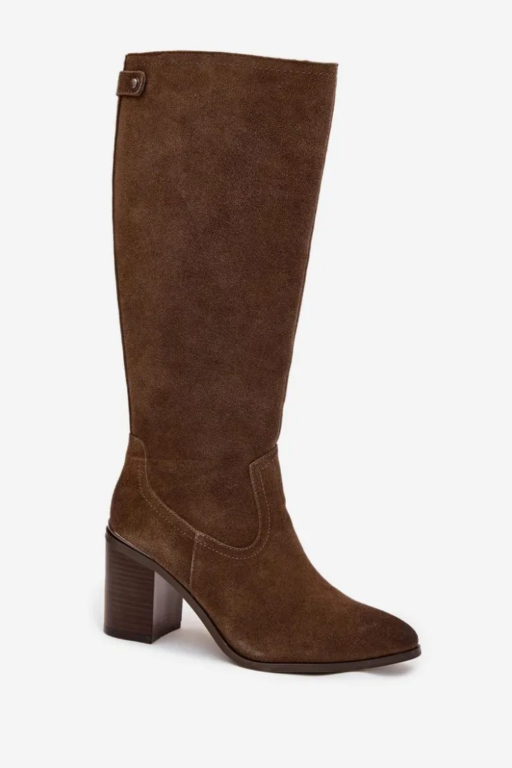 Buty Sergio Leone Kozaki Ocieplane|Kozaki Na Słupku*Kozaki Damskie Z Naturalnego Zamszu Ocieplane Obcas Słupek Sergio Leone KZ25668-S Oliwkowe Zielony