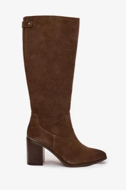 Buty Sergio Leone Kozaki Ocieplane|Kozaki Na Słupku*Kozaki Damskie Z Naturalnego Zamszu Ocieplane Obcas Słupek Sergio Leone KZ25668-S Oliwkowe Zielony