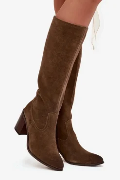 Buty Sergio Leone Kozaki Ocieplane|Kozaki Na Słupku*Kozaki Damskie Z Naturalnego Zamszu Ocieplane Obcas Słupek Sergio Leone KZ25668-S Oliwkowe Zielony