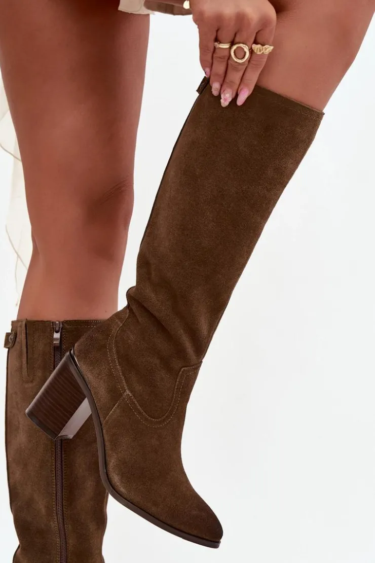 Buty Sergio Leone Kozaki Ocieplane|Kozaki Na Słupku*Kozaki Damskie Z Naturalnego Zamszu Ocieplane Obcas Słupek Sergio Leone KZ25668-S Oliwkowe Zielony