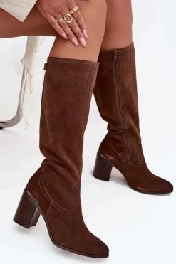 Buty Sergio Leone Kozaki Ocieplane|Kozaki Na Słupku*Kozaki Damskie Z Naturalnego Zamszu Ocieplane Obcas Słupek Sergio Leone KZ25668-S Brązowe