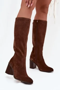 Buty Sergio Leone Kozaki Ocieplane|Kozaki Na Słupku*Kozaki Damskie Z Naturalnego Zamszu Ocieplane Obcas Słupek Sergio Leone KZ25668-S Brązowe