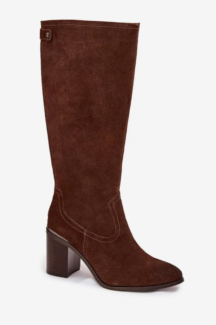 Buty Sergio Leone Kozaki Ocieplane|Kozaki Na Słupku*Kozaki Damskie Z Naturalnego Zamszu Ocieplane Obcas Słupek Sergio Leone KZ25668-S Brązowe