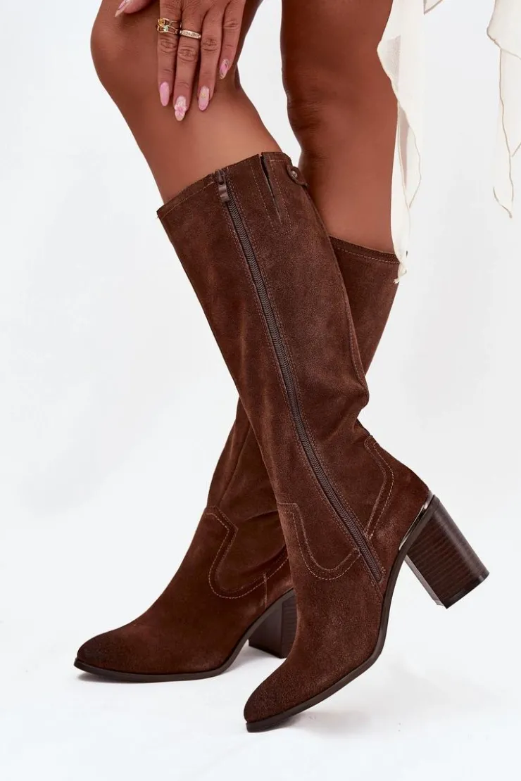 Buty Sergio Leone Kozaki Ocieplane|Kozaki Na Słupku*Kozaki Damskie Z Naturalnego Zamszu Ocieplane Obcas Słupek Sergio Leone KZ25668-S Brązowe