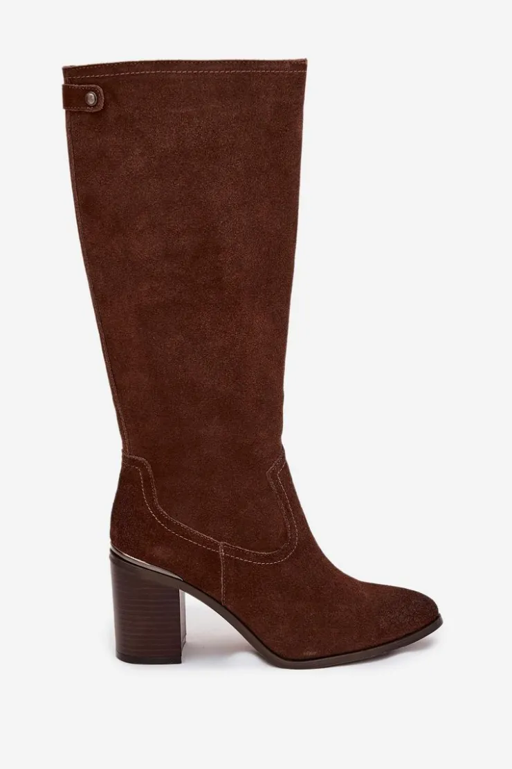 Buty Sergio Leone Kozaki Ocieplane|Kozaki Na Słupku*Kozaki Damskie Z Naturalnego Zamszu Ocieplane Obcas Słupek Sergio Leone KZ25668-S Brązowe