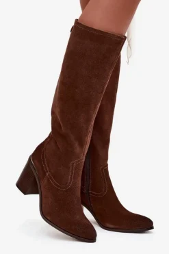 Buty Sergio Leone Kozaki Ocieplane|Kozaki Na Słupku*Kozaki Damskie Z Naturalnego Zamszu Ocieplane Obcas Słupek Sergio Leone KZ25668-S Brązowe