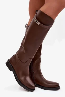 Damskie Boto Kozaki Damskie Z Ozdobnym Paskiem Eko Skórzane Czekoladowe Palisse