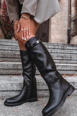 Damskie Boto Kozaki Damskie Z Ozdobnym Paskiem Eko Skórzane Czarne Palisse