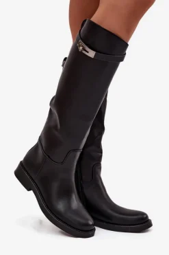 Damskie Boto Kozaki Damskie Z Ozdobnym Paskiem Eko Skórzane Czarne Palisse