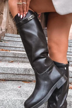 Damskie Boto Kozaki Damskie Z Ozdobnym Paskiem Eko Skórzane Czarne Palisse