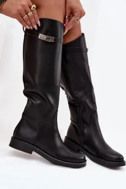 Damskie Boto Kozaki Damskie Z Ozdobnym Paskiem Eko Skórzane Czarne Palisse