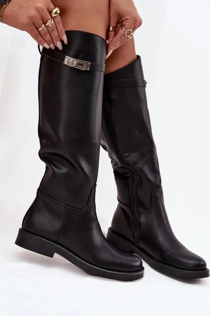 Damskie Boto Kozaki Damskie Z Ozdobnym Paskiem Eko Skórzane Czarne Palisse