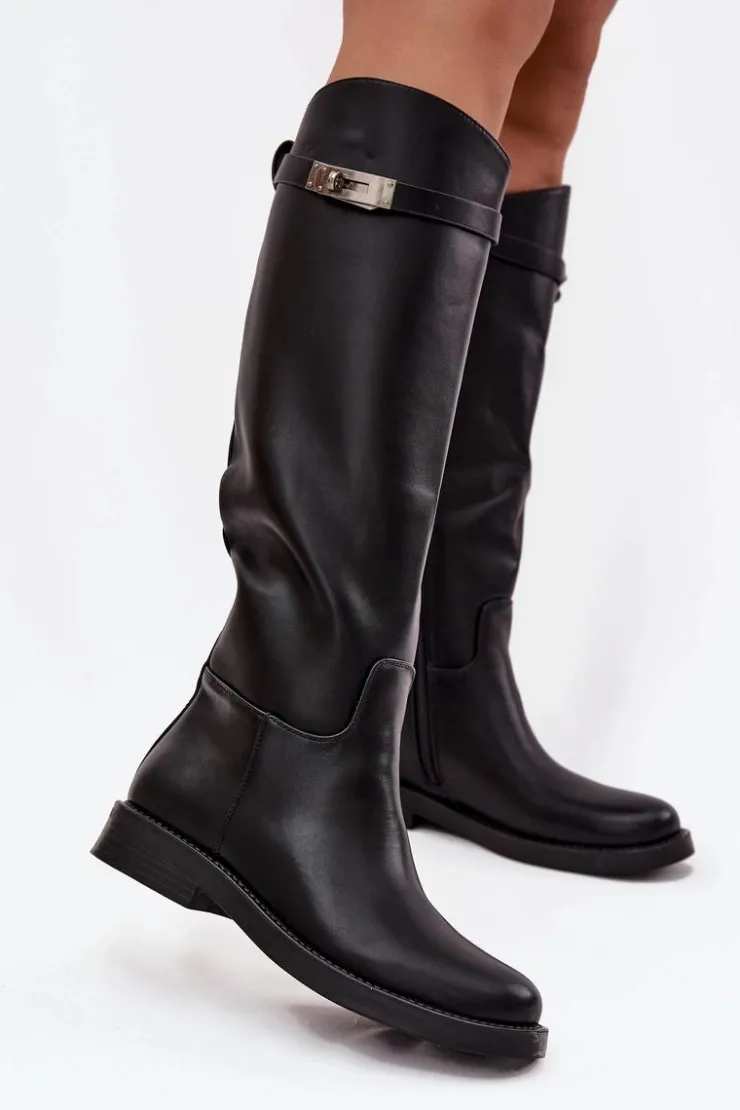 Damskie Boto Kozaki Damskie Z Ozdobnym Paskiem Eko Skórzane Czarne Palisse