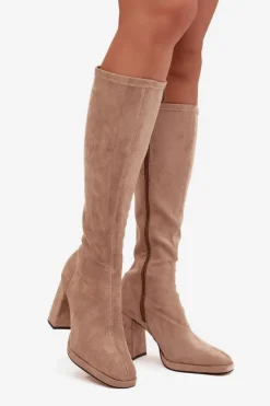 Sale Boto Kozaki Damskie Z Przeszyciami Na Słupkowym Obcasie Beżowe Brivana Beżowy