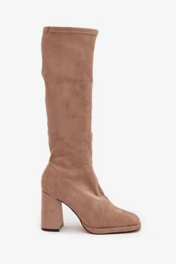 Sale Boto Kozaki Damskie Z Przeszyciami Na Słupkowym Obcasie Beżowe Brivana Beżowy