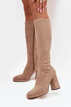 Sale Boto Kozaki Damskie Z Przeszyciami Na Słupkowym Obcasie Beżowe Brivana Beżowy