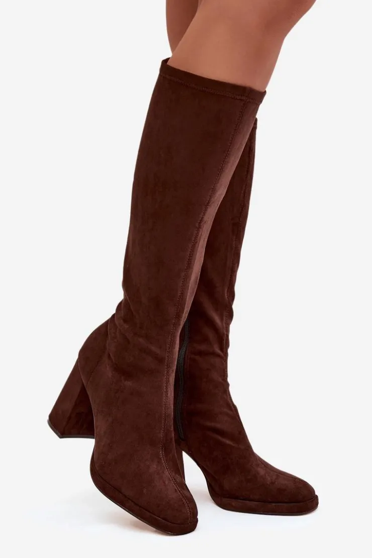 Clearance Boto Kozaki Damskie Z Przeszyciami Na Słupkowym Obcasie Brązowe Brivana