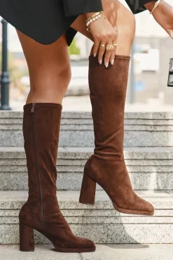 Clearance Boto Kozaki Damskie Z Przeszyciami Na Słupkowym Obcasie Brązowe Brivana