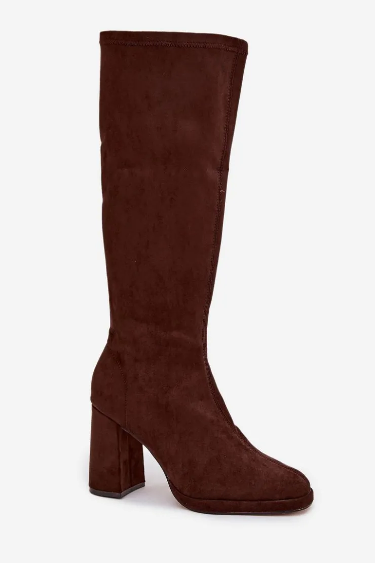 Clearance Boto Kozaki Damskie Z Przeszyciami Na Słupkowym Obcasie Brązowe Brivana