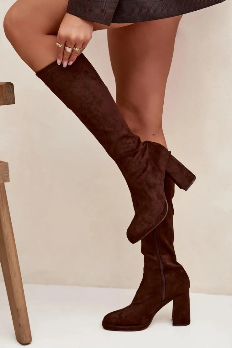 Clearance Boto Kozaki Damskie Z Przeszyciami Na Słupkowym Obcasie Brązowe Brivana